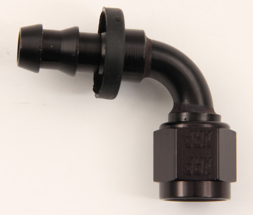 Fitting - Hose End - Push-On - 90 Degree - 10 AN Hose Barb to 10 AN Female - Aluminum - Black Anodized - Each