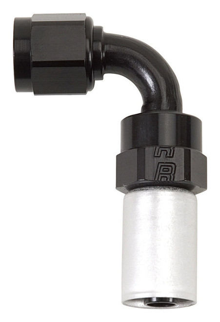 Fitting - Hose End - Crimp-On - 90 Degree - 8 AN Hose Crimp to 8 AN Female - Aluminum - Black / Silver Anodized - Each