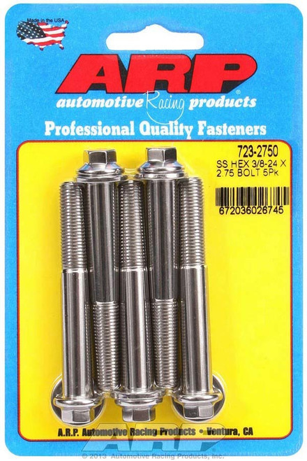 Bolt - 3/8-24 in Thread - 2.75 in Long - 3/8 in Hex Head - Stainless - Polished - Universal - Set of 5 Bolt - 3/8-24 in Thread - 2.75 in Long - 3/8 in Hex Head - Stainless - Polished - Universal - Set of 5