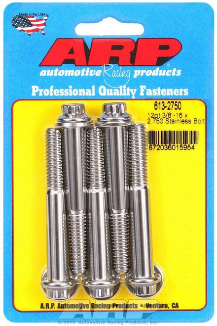 Bolt - 3/8-16 in Thread - 2.75 in Long - 3/8 in 12 Point Head - Stainless - Polished - Universal - Set of 5