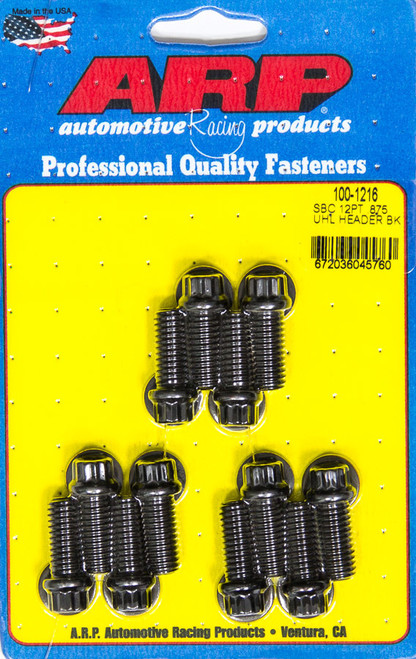 Header Bolt - 3/8-16 in Thread - 0.875 in Long - 12 Point Head - Chromoly - Black Oxide - Universal - Set of 12 Header Bolt - 3/8-16 in Thread - 0.875 in Long - 12 Point Head - Chromoly - Black Oxide - Universal - Set of 12