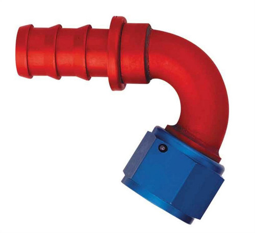 Fitting - Hose End - AQP Socketless - 120 Degree - 8 AN Hose Barb to 8 AN Female - Aluminum - Blue / Red Anodized - Each