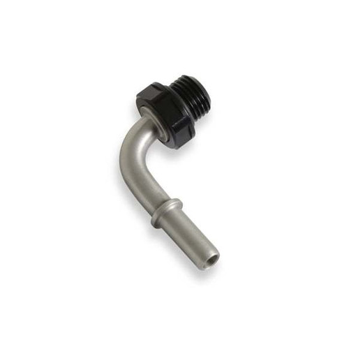 Fitting - Fuel Line Adapter - 90 Degree - 5/16 in SAE Male Quick Disconnect to 6 AN ORB - Stainless - Aluminum - Black Anodized - Each