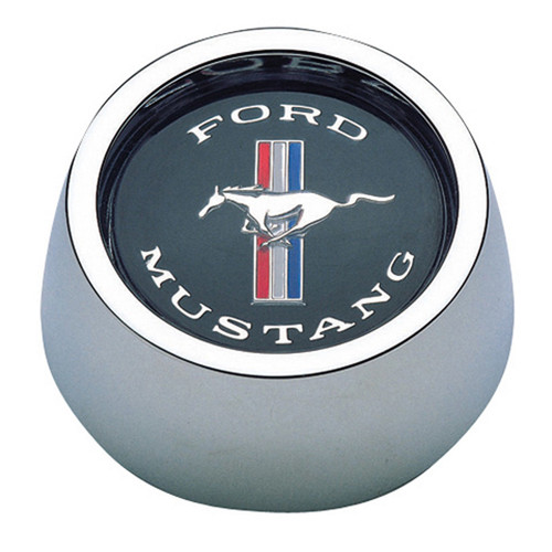 Horn Button - Black / Blue / Red / White / Silver Mustang Logo - Aluminum - Chrome - Grant Classic / Challenger Series Wheels - Each