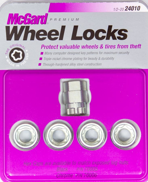 Wheel Lock - Premium - 1/2-20 in Thread - Cone Seat - Open End - Key Included - Steel - Zinc Oxide - Set of 4