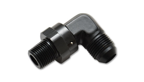 Fitting - Adapter - 90 Degree - 3 AN Male to 1/8 in NPT Male Swivel - Aluminum - Black Anodized - Each Fitting - Adapter - 90 Degree - 3 AN Male to 1/8 in NPT Male Swivel - Aluminum - Black Anodized - Each