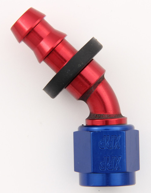 Fitting - Hose End - Push-On - 45 Degree - 4 AN Hose Barb to 4 AN Female - Aluminum - Blue / Red Anodized - Each Fitting - Hose End - Push-On - 45 Degree - 4 AN Hose Barb to 4 AN Female - Aluminum - Blue / Red Anodized - Each