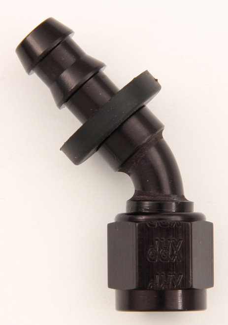 Fitting - Hose End - Push-On - 45 Degree - 4 AN Hose Barb to 4 AN Female - Aluminum - Black Anodized - Each