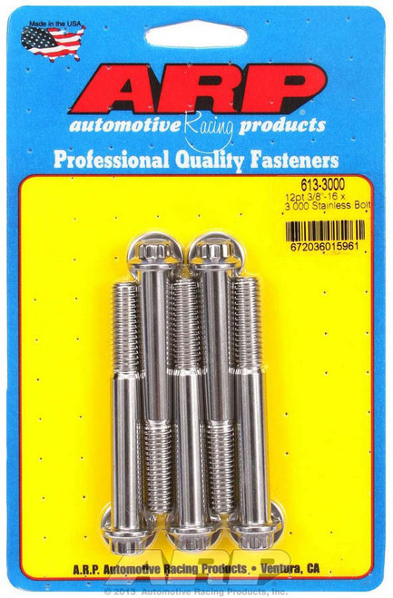 Bolt - 3/8-16 in Thread - 3 in Long - 3/8 in 12 Point Head - Stainless - Polished - Universal - Set of 5