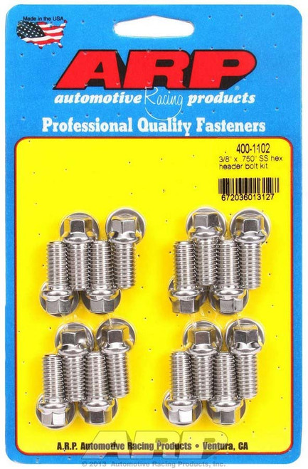 Header Bolt - 3/8-16 in Thread - 0.75 in Long - Hex Head - Stainless - Polished - Big Block Chevy / Ford - Set of 16