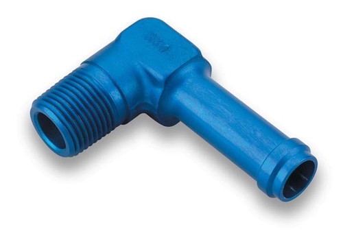 Fitting - Adapter - 90 Degree - 3/8 in NPT Male to 1/2 in Hose Barb - Aluminum - Blue Anodized - Each