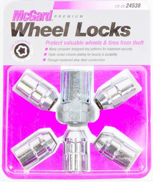 Wheel Lock - Premium - 1/2-20 in Thread - Cone Seat - Closed End - Key Included - Steel - Chrome - Set of 5