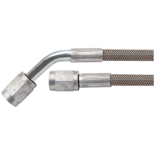 Brake Hose - 34 in Long - 3 AN Hose - 3 AN Straight Female to 3 AN 45 Degree Female - Braided Stainless - PTFE Lined - Each