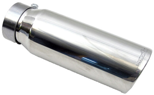 Exhaust Tip - Clamp-On - 3 in Inlet - 4 in Round Outlet - 9 in Long - Single Wall - Rolled Edge - Angled Cut Tip - Stainless - Polished - Each