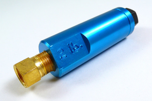 Residual Pressure Valve - Round - 2 lb - 1/8 in NPT Inlet - 1/8 in NPT Outlet - 3/8-24 in Inverted Flare Fittings Included - Aluminum - Blue Anodized - Disc Brakes - Each Residual Pressure Valve - Round - 2 lb - 1/8 in NPT Inlet - 1/8 in NPT Outlet - 3/8-24 in Inverted Flare Fittings Included - Aluminum - Blue Anodized - Disc Brakes - Each