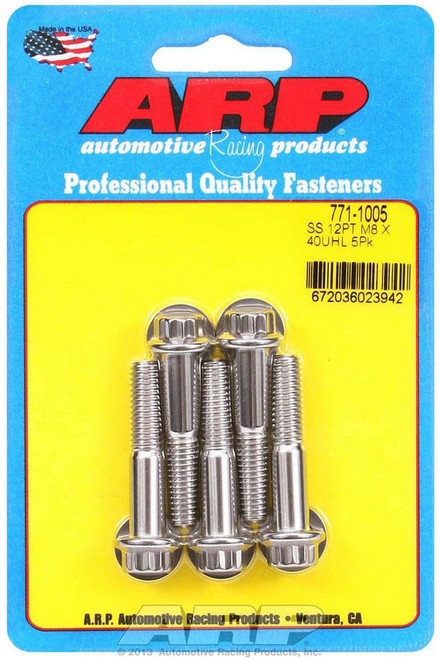 Bolt - 8 mm x 1.25 Thread - 40 mm Long - 10 mm 12 Point Head - Stainless - Polished - Universal - Set of 5