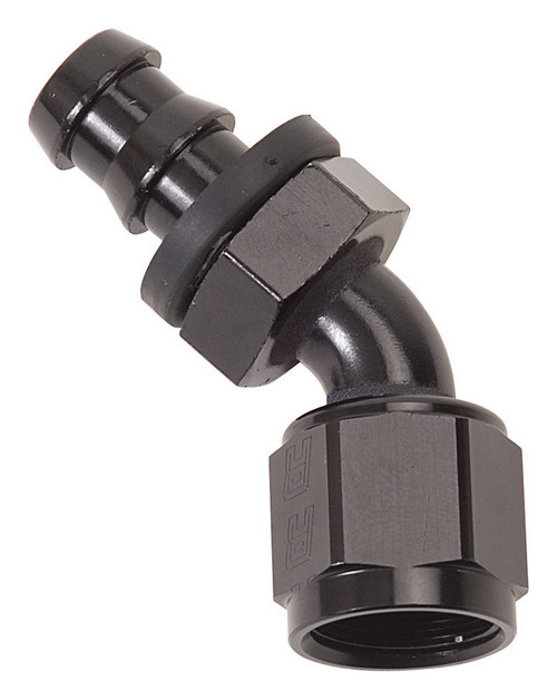 Fitting - Hose End - Twist-Lok - 45 Degree - 10 AN Hose Barb to 10 AN Female - Aluminum - Black Anodized - Each
