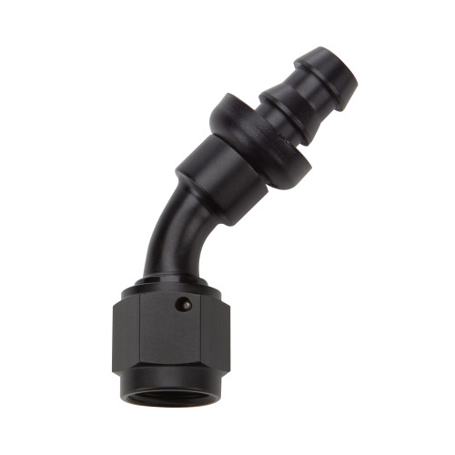 Fitting - Hose End - 45 Degree - 10 AN Hose Barb to 10 AN Female - Aluminum - Black Anodized - Each