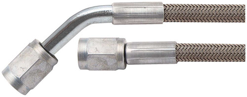 Brake Hose - 24 in Long - 4 AN Hose - 4 AN Straight Female to 4 AN 45 Degree Female - Braided Stainless - PTFE Lined - Each