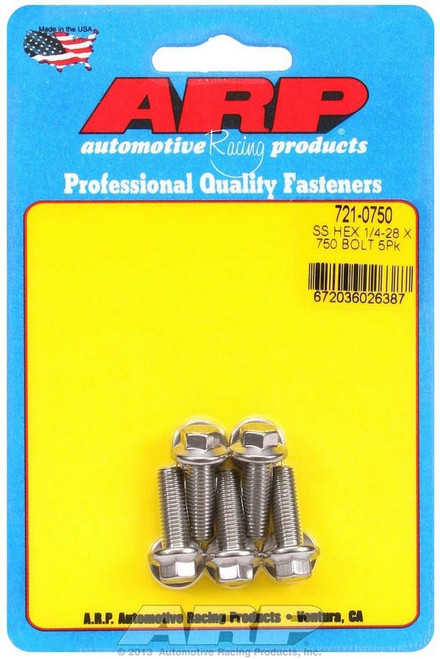 Bolt - 1/4-28 in Thread - 0.75 in Long - 5/16 in Hex Head - Stainless - Polished - Universal - Set of 5