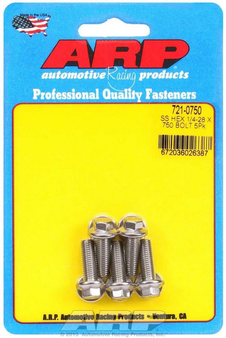 Bolt - 1/4-28 in Thread - 0.75 in Long - 5/16 in Hex Head - Stainless - Polished - Universal - Set of 5 Bolt - 1/4-28 in Thread - 0.75 in Long - 5/16 in Hex Head - Stainless - Polished - Universal - Set of 5