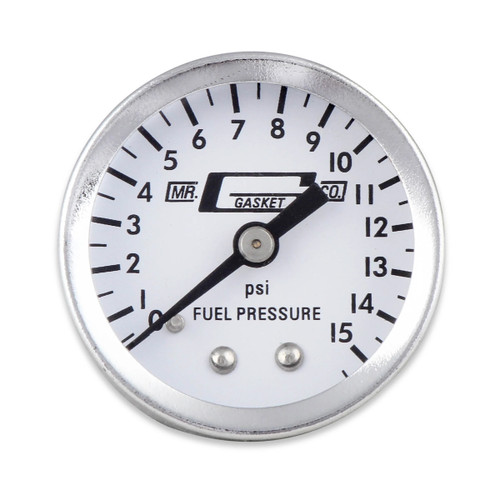 Fuel Pressure Gauge - 0-15 psi - Mechanical - Analog - Full Sweep - 1-1/2 in Diameter - 1/8 in NPT Port - White Face - Each