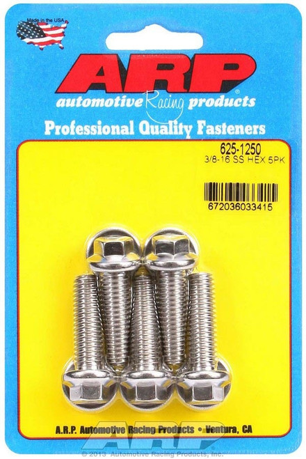 Bolt - 3/8-16 in Thread - 1.25 in Long - 7/16 in Hex Head - Stainless - Polished - Universal - Set of 5