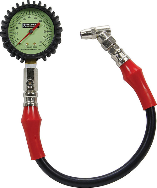 Tire Pressure Gauge - Glow in the Dark - 0-60 psi - Analog - 2-1/4 in Diameter - White Face - 1/2 lb Increments - Each