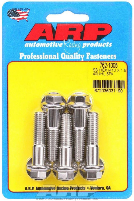 Bolt - 10 mm x 1.50 Thread - 40 mm Long - 12 mm Hex Head - Stainless - Polished - Universal - Set of 5