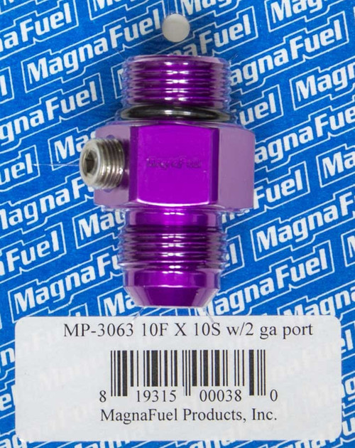 Fitting - Gauge Adapter - Straight - 10 AN Male to 10 AN Male O-Ring - Two 1/8 in NPT Gauge Ports - Plug Included - Aluminum - Purple Anodized - Each
