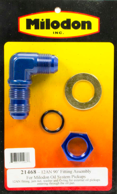 Fitting - Bulkhead - 90 Degree - 12 AN Male to 12 AN Male Bulkhead - Washer / Jam Nut / O-Ring - Aluminum - Blue Anodized - Milodon Oil Pans - Kit