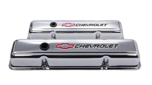 Valve Cover - Short - Baffled - Breather Hole - Chevrolet Bowtie Logo - Steel - Chrome - Small Block Chevy - Pair