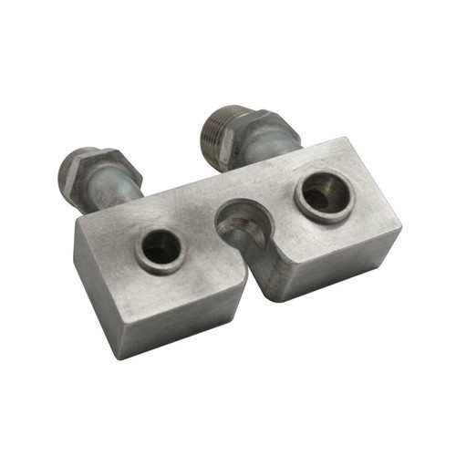 Compressor Adapter - 2 Port - 10 AN Male O-Ring - 8 AN Male O-Ring - 90 Degree - Aluminum - Natural - FS10 Compressor - Each