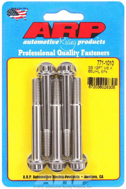 Bolt - 8 mm x 1.25 Thread - 65 mm Long - 10 mm 12 Point Head - Stainless - Polished - Universal - Set of 5