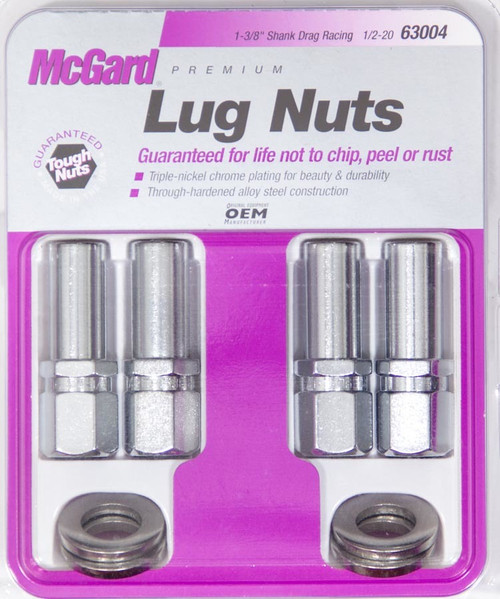 Lug Nut - Premium - 1/2-20 in Right Hand Thread - 13/16 in Hex Head - 1.365 in Shank - Open End - Washers Included - Steel - Chrome - Set of 4