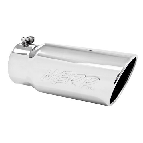 Exhaust Tip - Pro Series Diesel Exhaust Tips - Clamp-On - 4 in Inlet - 5 in Round Outlet - 12 in Long - Single Wall - Rolled Edge - Angled Cut - Stainless - Polished - Each