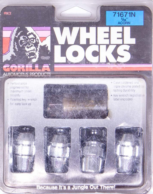 Wheel Lock - Gorilla - Acorn - 7/16-20 in Thread - Spline Drive - 60 Degree Seat - Closed End - Key - Heat Treated - Steel - Chrome - Set of 4