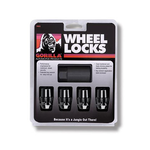 Wheel Lock - Gorilla - Acorn - 14 mm x 1.50 Thread - Spline Drive - 60 Degree Seat - Closed End - Key - Heat Treated - Steel - Black Chrome - Set of 4