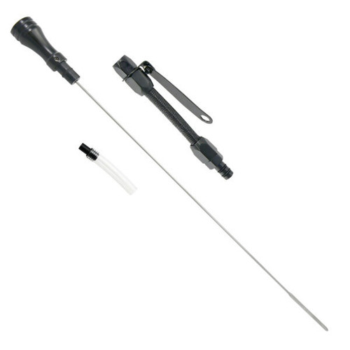 Engine Oil Dipstick - Flexible - Block Mount - Braided Stainless - Aluminum - Black Anodized - Small Block Chevy - Each