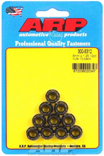Nut - 8 mm x 1.25 Thread - 10 mm 12 Point Head - Chromoly - Black Oxide - Universal - Set of 10