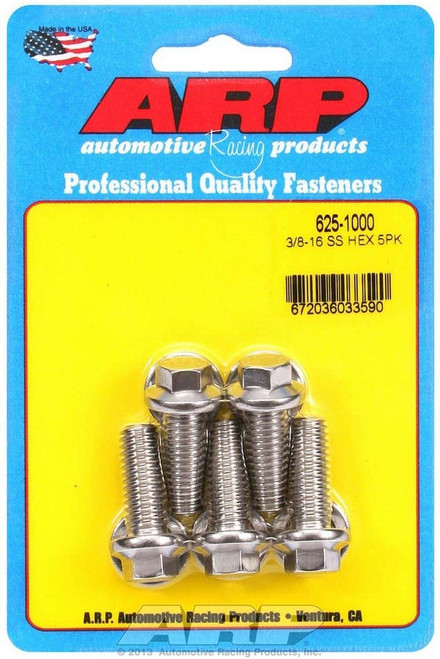Bolt - 3/8-16 in Thread - 1 in Long - 7/16 in Hex Head - Stainless - Polished - Universal - Set of 5