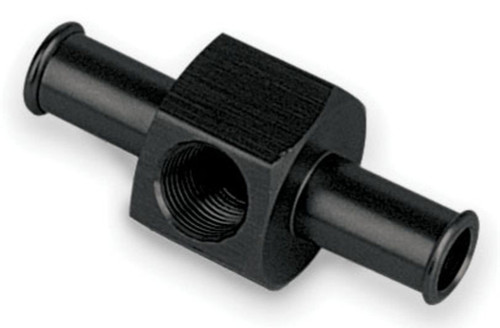 Fitting - Gauge Adapter - Straight - 3/8 in Hose Barb to 3/8 in Hose Barb - 1/8 in NPT Gauge Port - Aluminum - Black Anodized - Each