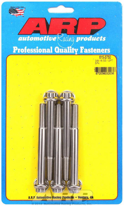 Bolt - 3/8-16 in Thread - 3.75 in Long - 7/16 in 12 Point Head - Stainless - Polished - Universal - Set of 5