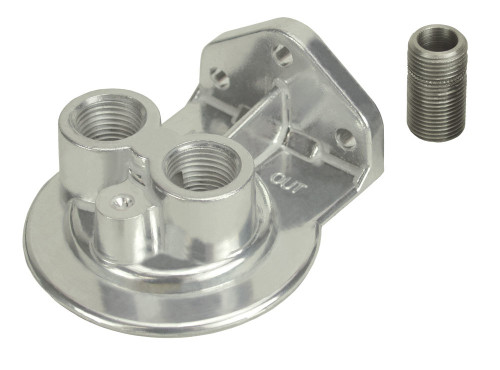 Oil Filter Mount - Ports Up - 1/2 in NPT Female Ports - 13/16-16 in Center Thread - Aluminum - Polished - Universal - Kit
