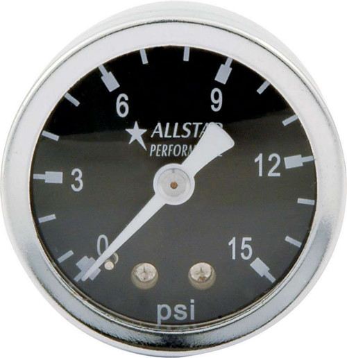 Pressure Gauge - 0-15 psi - Mechanical - Analog - 1-1/2 in Diameter - Liquid Filled - 1/8 in NPT Port - Black Face - Each Pressure Gauge - 0-15 psi - Mechanical - Analog - 1-1/2 in Diameter - Liquid Filled - 1/8 in NPT Port - Black Face - Each
