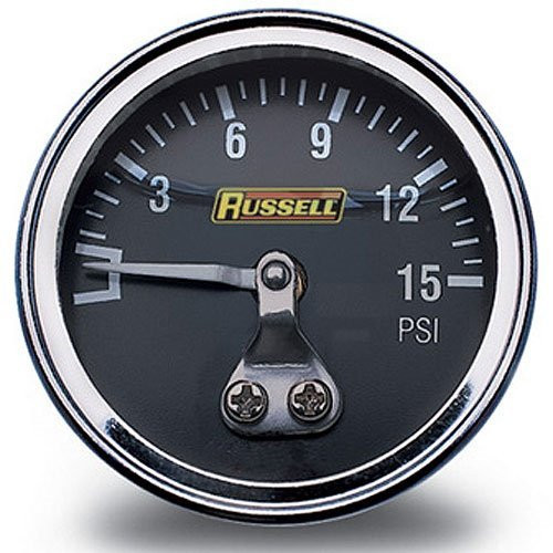 Pressure Gauge - 0-15 psi - Mechanical - Analog - 1-1/2 in Diameter - Liquid Filled - 1/8 in NPT Port - Black Face - Each