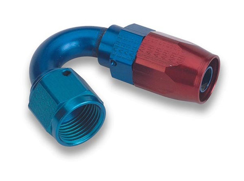 Fitting - Hose End - Swivel-Seal - 150 Degree - 6 AN Hose to 6 AN Female Swivel - Aluminum - Blue / Red Anodized - Each