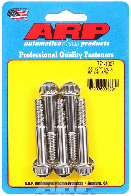 Bolt - 8 mm x 1.25 Thread - 50 mm Long - 10 mm 12 Point Head - Stainless - Polished - Universal - Set of 5