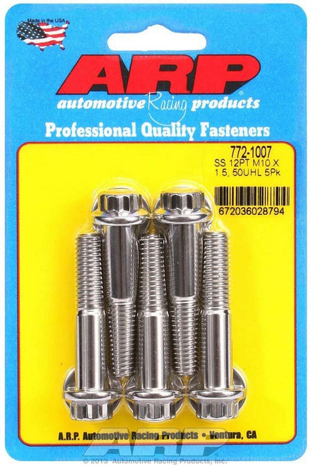 Bolt - 10 mm x 1.50 Thread - 50 mm Long - 12 mm 12 Point Head - Stainless - Polished - Universal - Set of 5