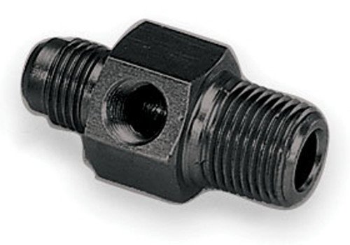 Fitting - Gauge Adapter - Straight - 3/8 in NPT Male to 6 AN Male - 1/8 in NPT Gauge Port - Aluminum - Black Anodized - Each